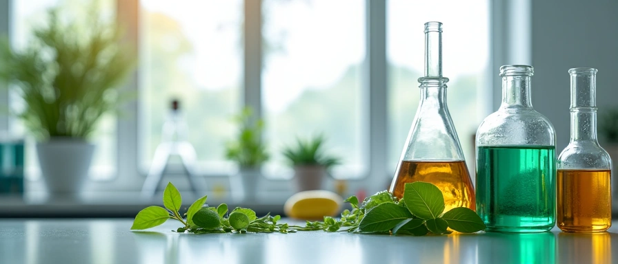 Imagine a unui laborator curat cu elemente naturale, precum frunze și eprubete, simbolizând îmbinarea științei cu natura în dezvoltarea produselor GlucoNaturc.